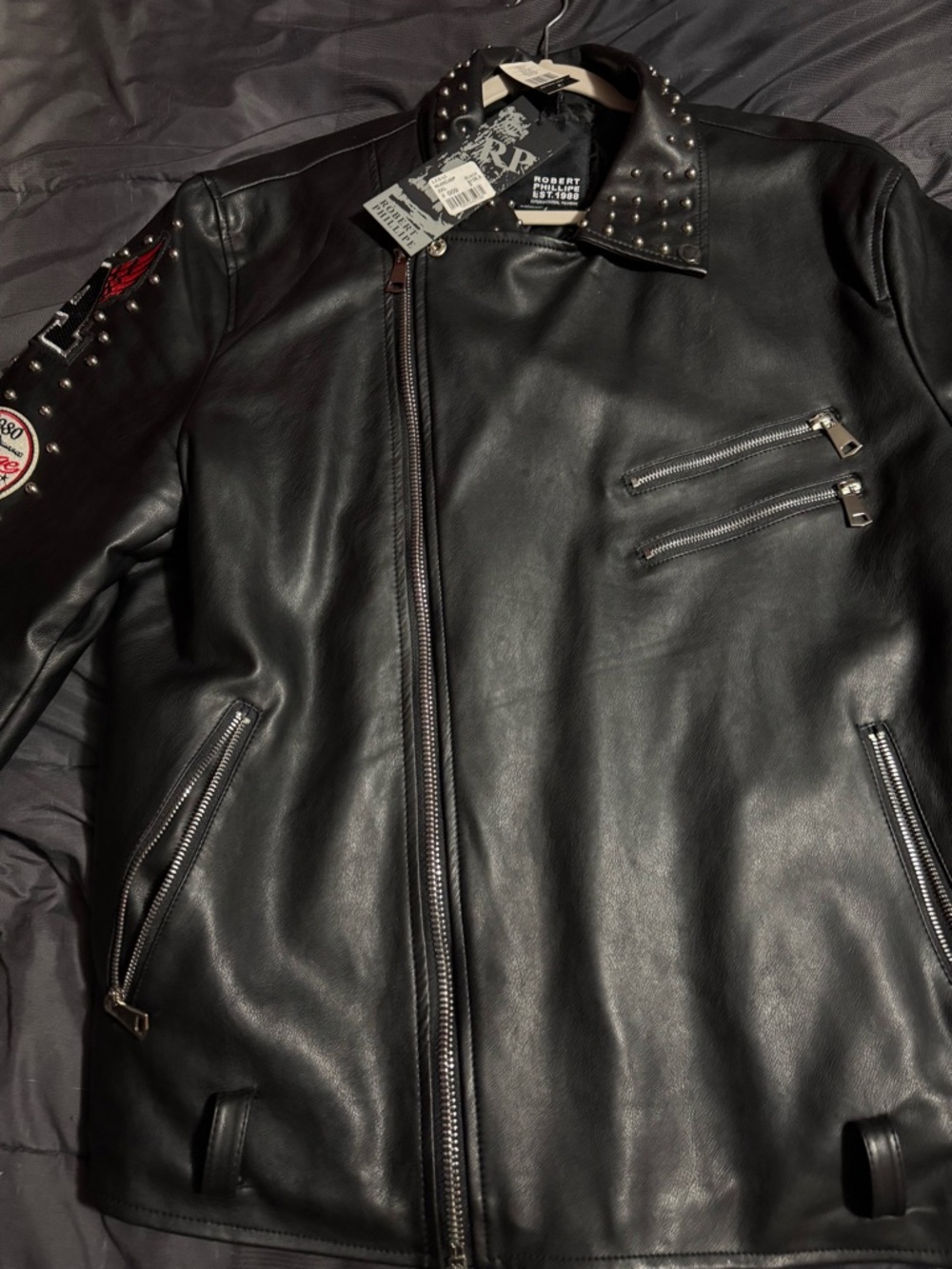 Robert Phillipe Black Studded Leather Moto Jacket with Patch Accents
